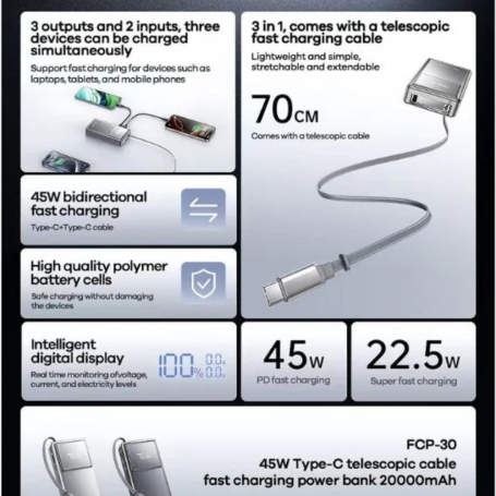 power-bank-20000mah-45w-with-telescopic-type-c-cable-remax-fcp-30-gray REMAX FCP-30 20000MAH 45W TYPE-C